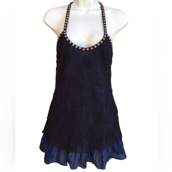 Free People Navy Blue Black Lace Studded Racerback Top Size 0 New - Picture 1 of 5
